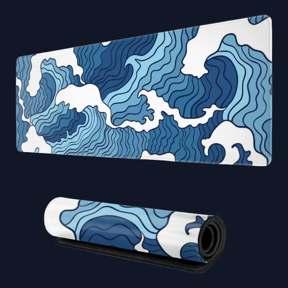 Japanese Blue and White Wave Gaming Mouse Pad XL Non-Slip Rubber Base Mousepad Stitched Edges Desk Pad Extended Large Mice Pad 31.5×11.8 Inch