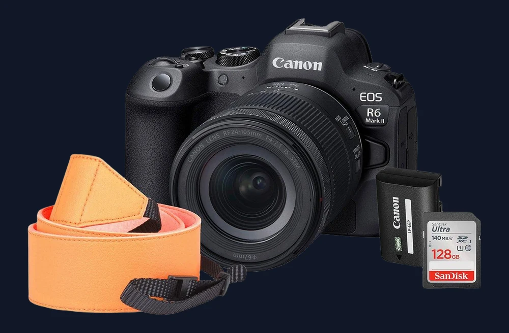 Canon EOS R6 Mark II Camera Kit inc RF 24-105 F4-7.1 IS STM Lens, Additional LP-EP6 Battery, 128GB SD Card  &  Neck Stra