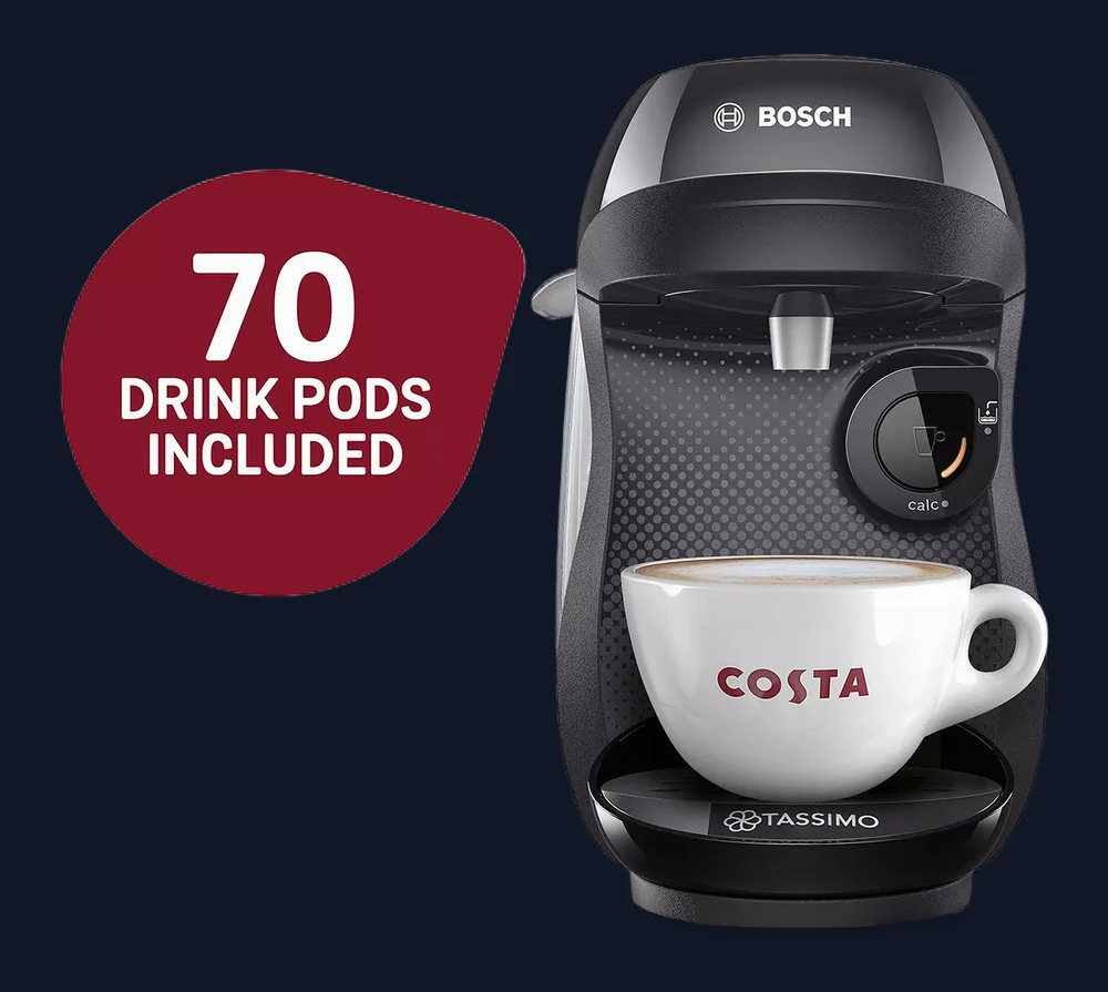Tassimo by Bosch Happy Friendly Pod Coffee Machine with 70 Drinks Value Starter Bundle, TAS102EGBC - Black